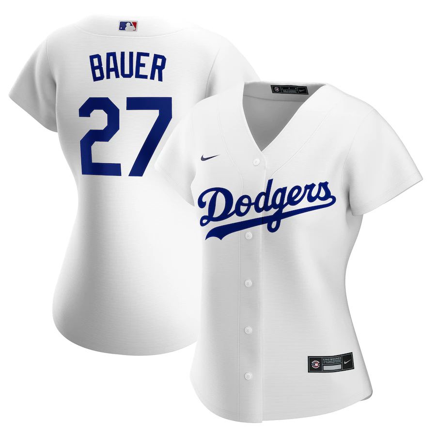 Womens Los Angeles Dodgers #27 Trevor Bauer Nike White Home Official Replica Player MLB Jerseys->women mlb jersey->Women Jersey